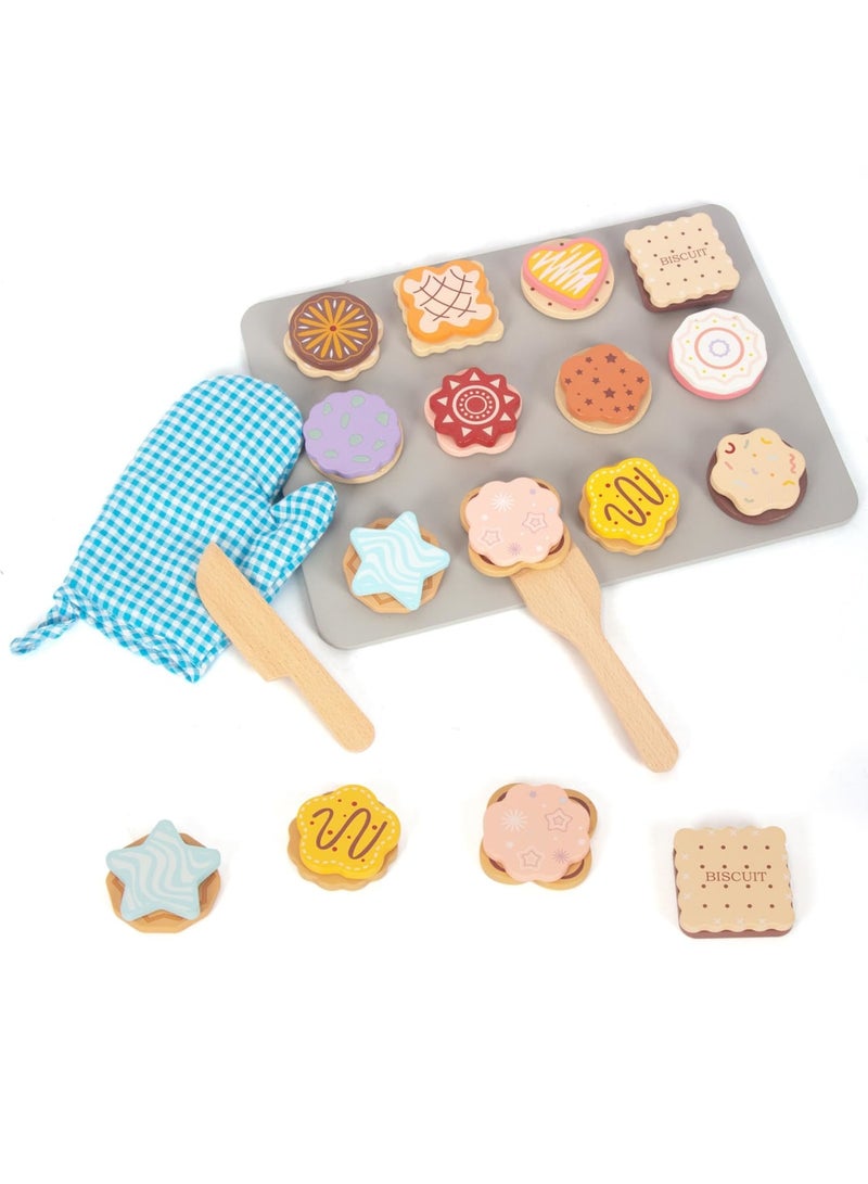 Slice and Bake Wooden Cookie Play Food Set for Kids, Pretend Kitchen Toys with 12 Cookies, Toppings, Knife, Spatula, Mitt  Tray, Educational Role Play Baking Set Gift for Toddlers Boys Girls - Image 1